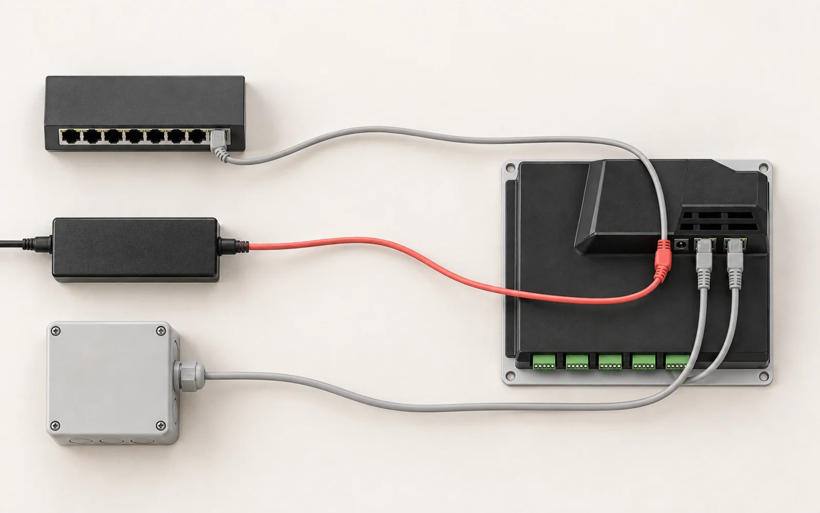 Conceptual illustration: three different DC power sources connected to one small controller.