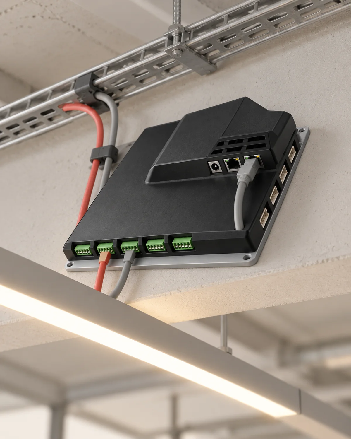 Conceptual illustration of a building-technology controller in a commercial ceiling space.